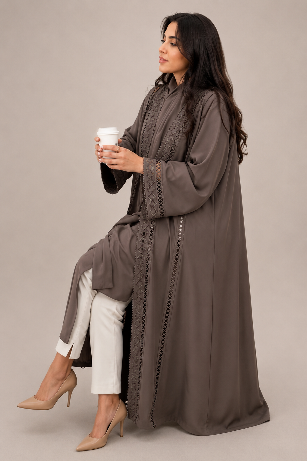Hind Hollow-Out Lace Cardigan Abaya
