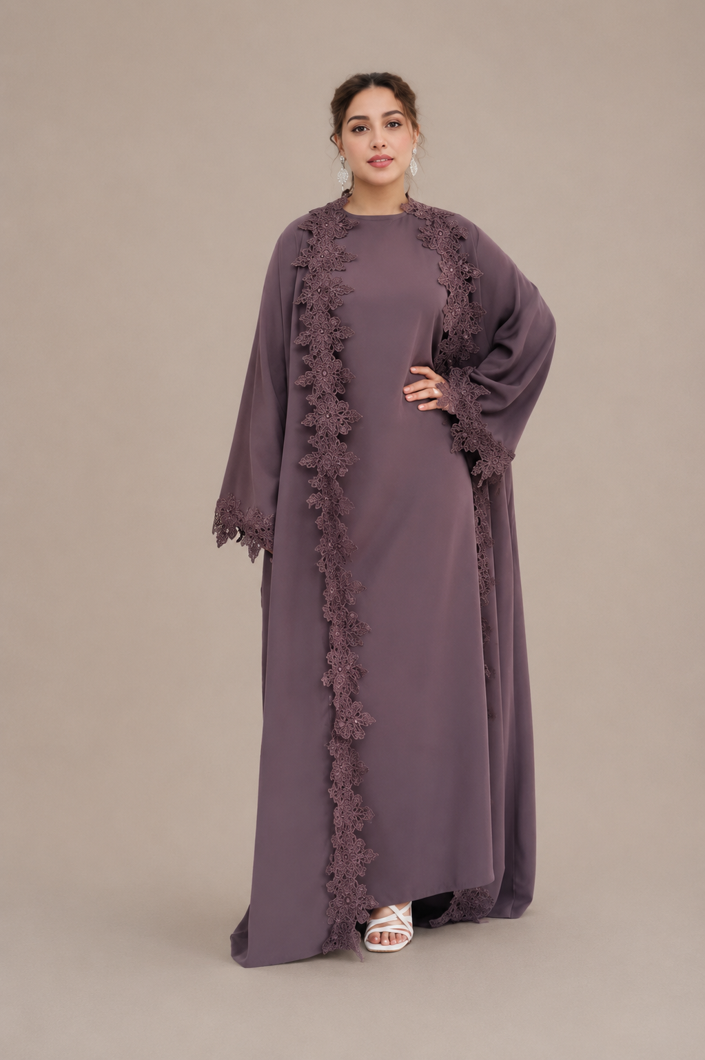 Nadia 2pc Lace Trim Abaya Set