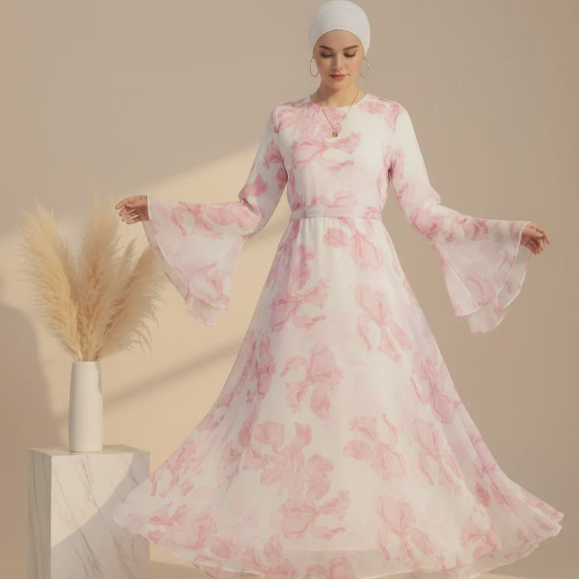 Zohra Blossom Printed Chiffon Abaya - full look