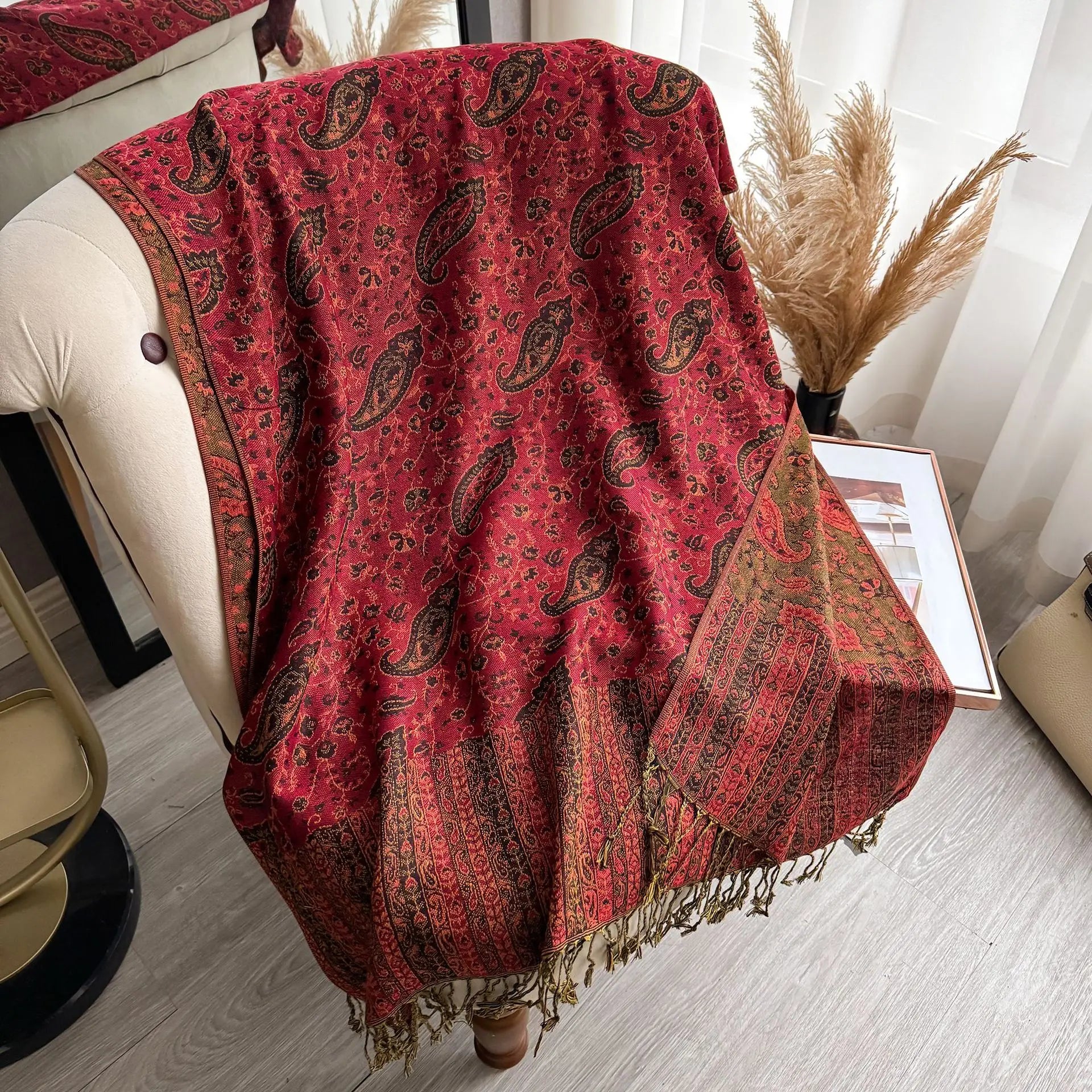 2025 New Luxury Faux Cashmere Shawl Women Ethnic Paisley Tassel Jacquard Scarf Warm for Autumn Hijab Large Fringe Ready to Ship