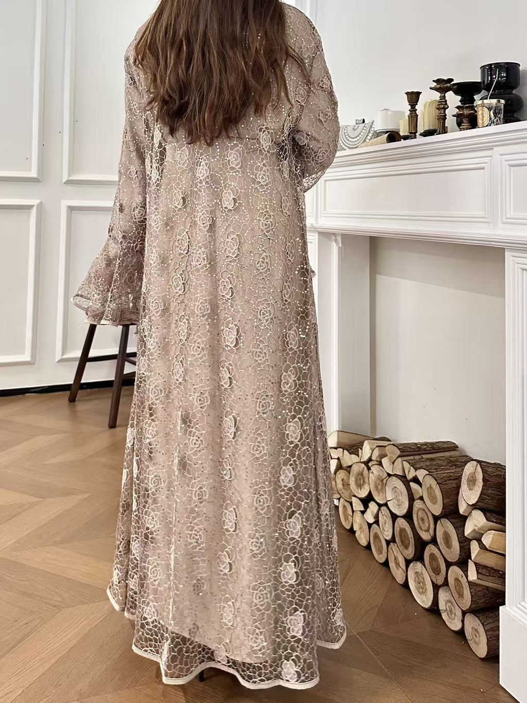Amira Lace Layered Open Abaya - styled