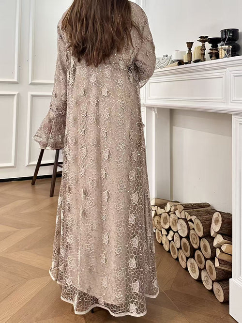 Amira Lace Layered Open Abaya - styled