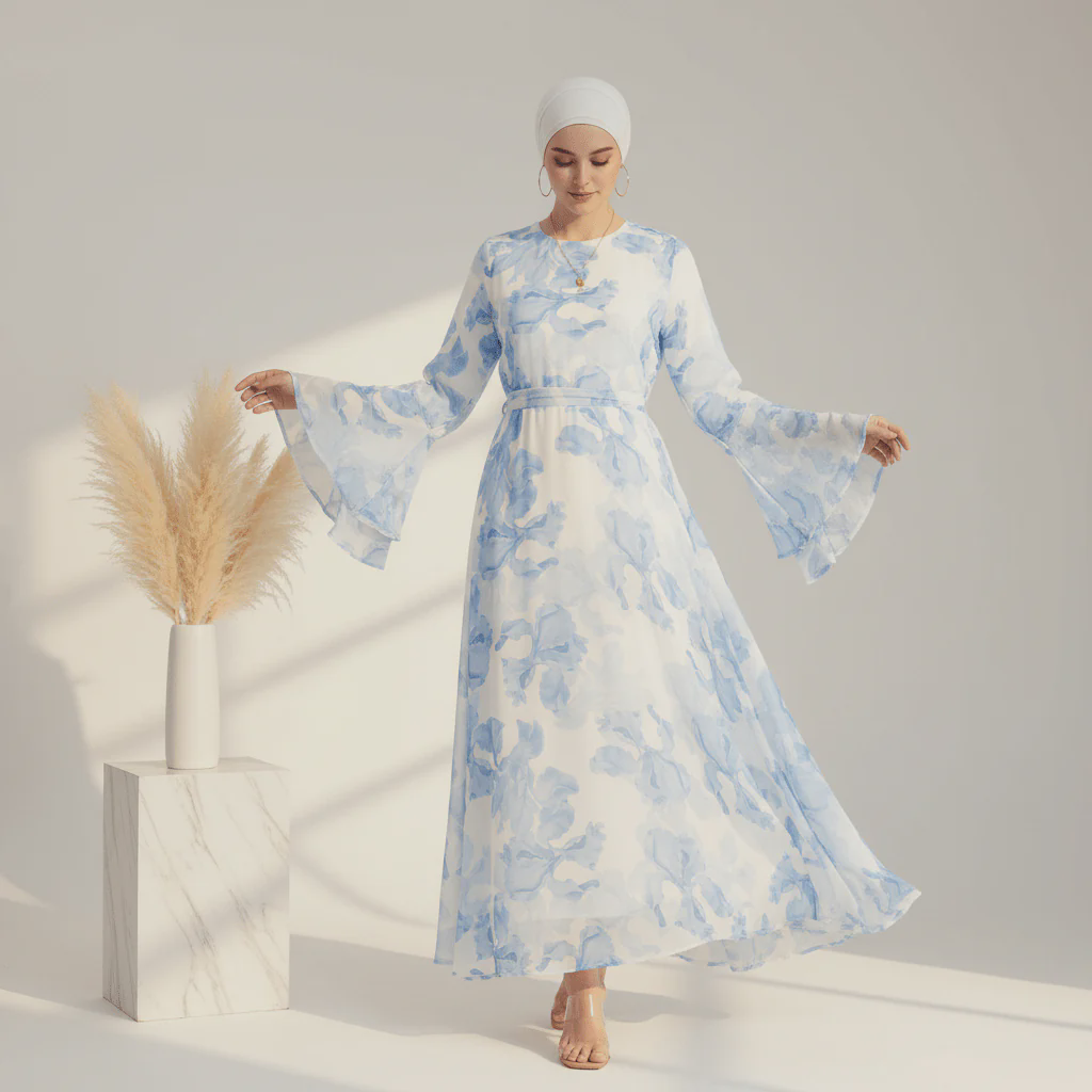 Zohra Blossom Printed Chiffon Abaya - lifestyle