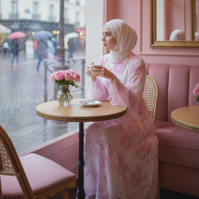 Zohra Blossom Printed Chiffon Abaya - styled