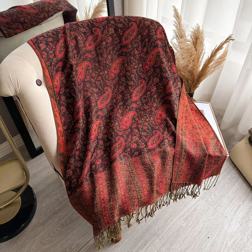 2025 New Luxury Faux Cashmere Shawl Women Ethnic Paisley Tassel Jacquard Scarf Warm for Autumn Hijab Large Fringe Ready to Ship
