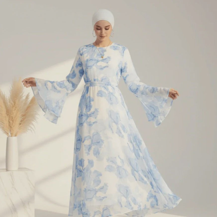 Zohra Blossom Printed Chiffon Abaya - detail