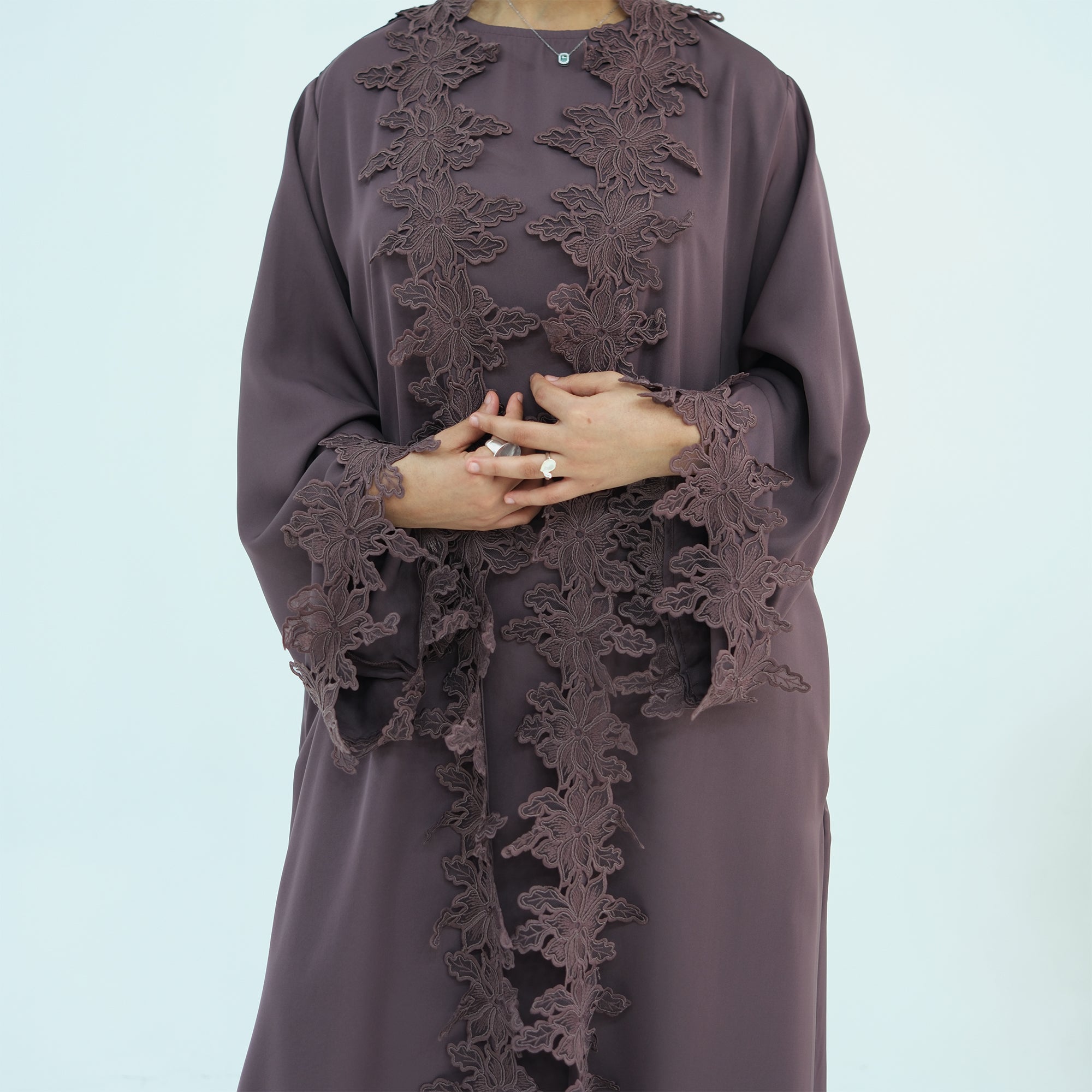 Nadia 2pc Lace Trim Abaya Set - close up