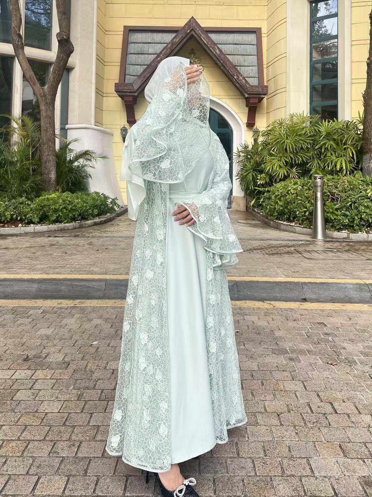 Amira Lace Layered Open Abaya - close up