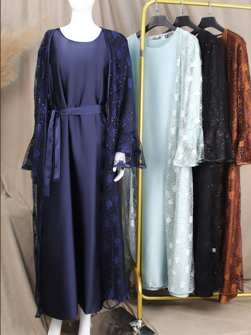 Amira Lace Layered Open Abaya - full look