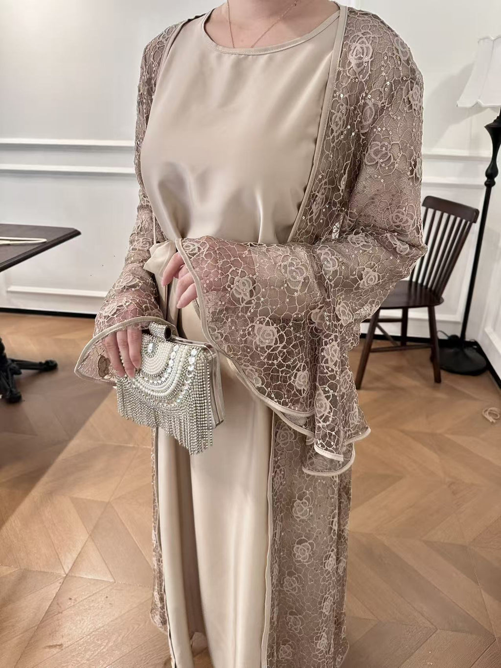 Amira Lace Layered Open Abaya - detail