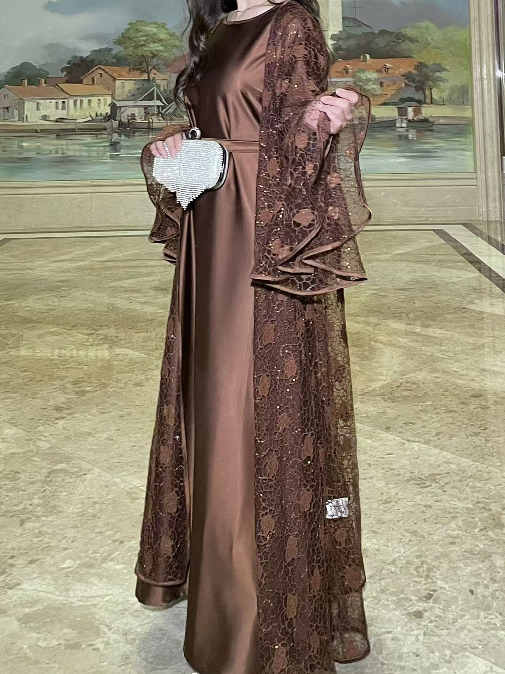 Amira Lace Layered Open Abaya - lifestyle