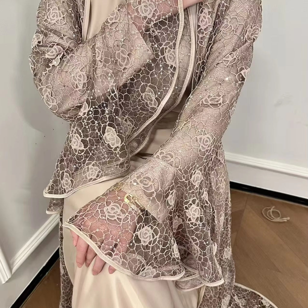 Amira Lace Layered Open Abaya - front