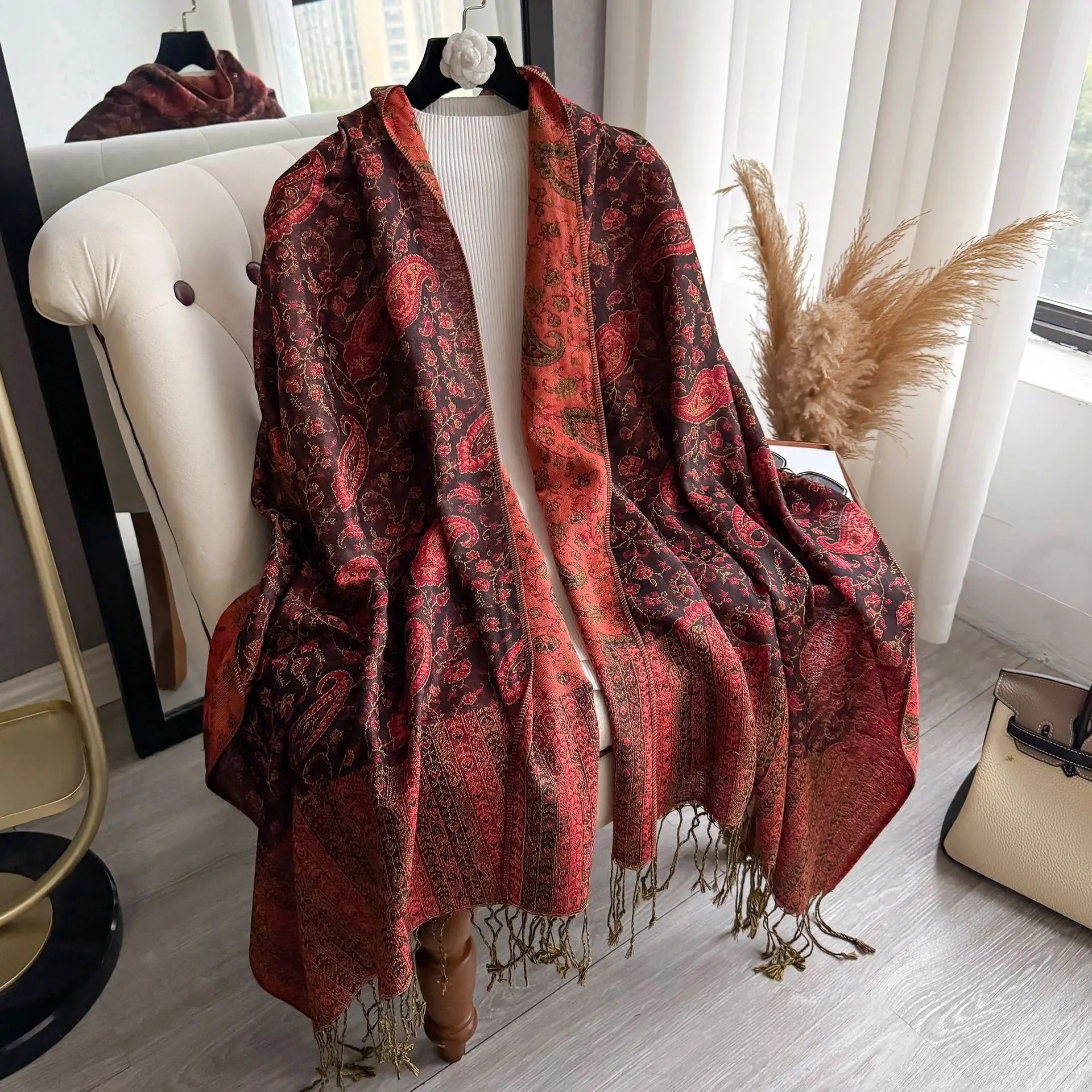 2025 New Luxury Faux Cashmere Shawl Women Ethnic Paisley Tassel Jacquard Scarf Warm for Autumn Hijab Large Fringe Ready to Ship