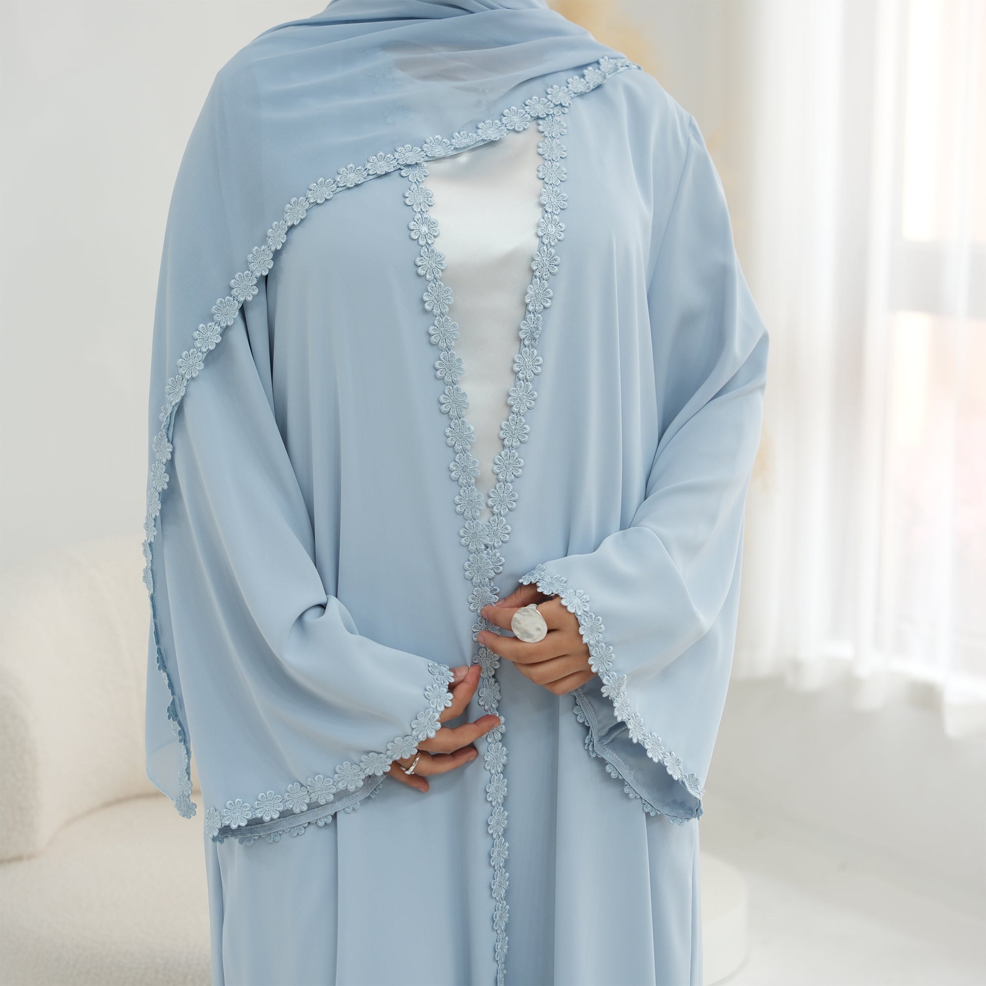 Hala Floral Lace Abaya & Hijab Set - styled