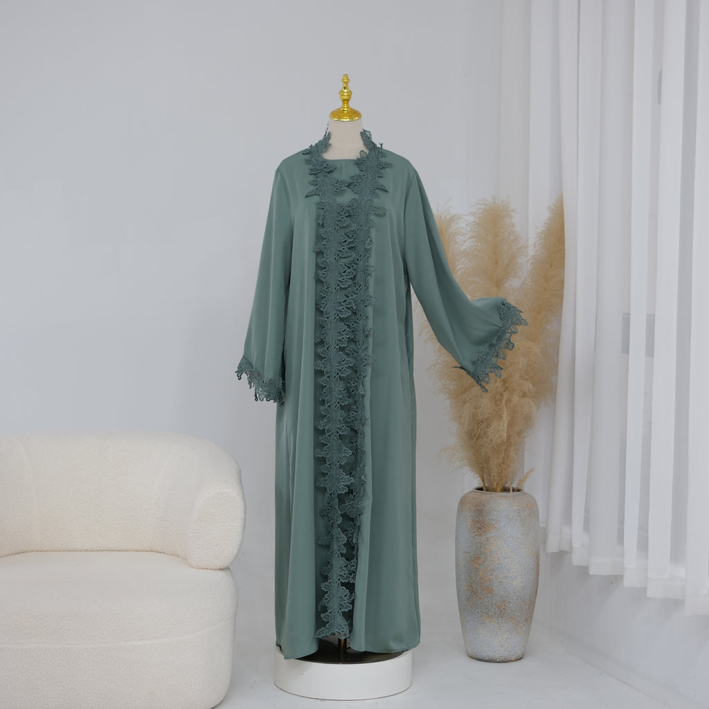 Nadia 2pc Lace Trim Abaya Set - full look