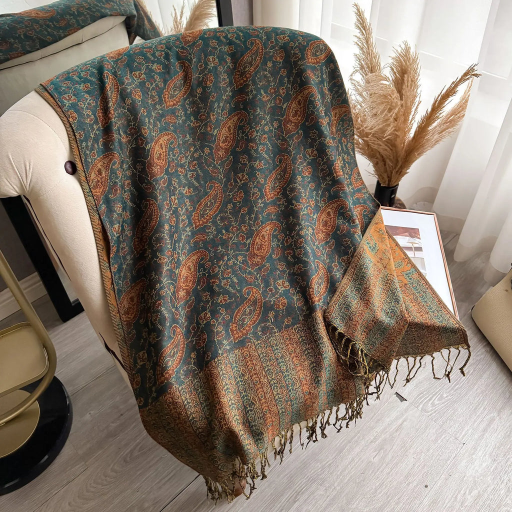 2025 New Luxury Faux Cashmere Shawl Women Ethnic Paisley Tassel Jacquard Scarf Warm for Autumn Hijab Large Fringe Ready to Ship